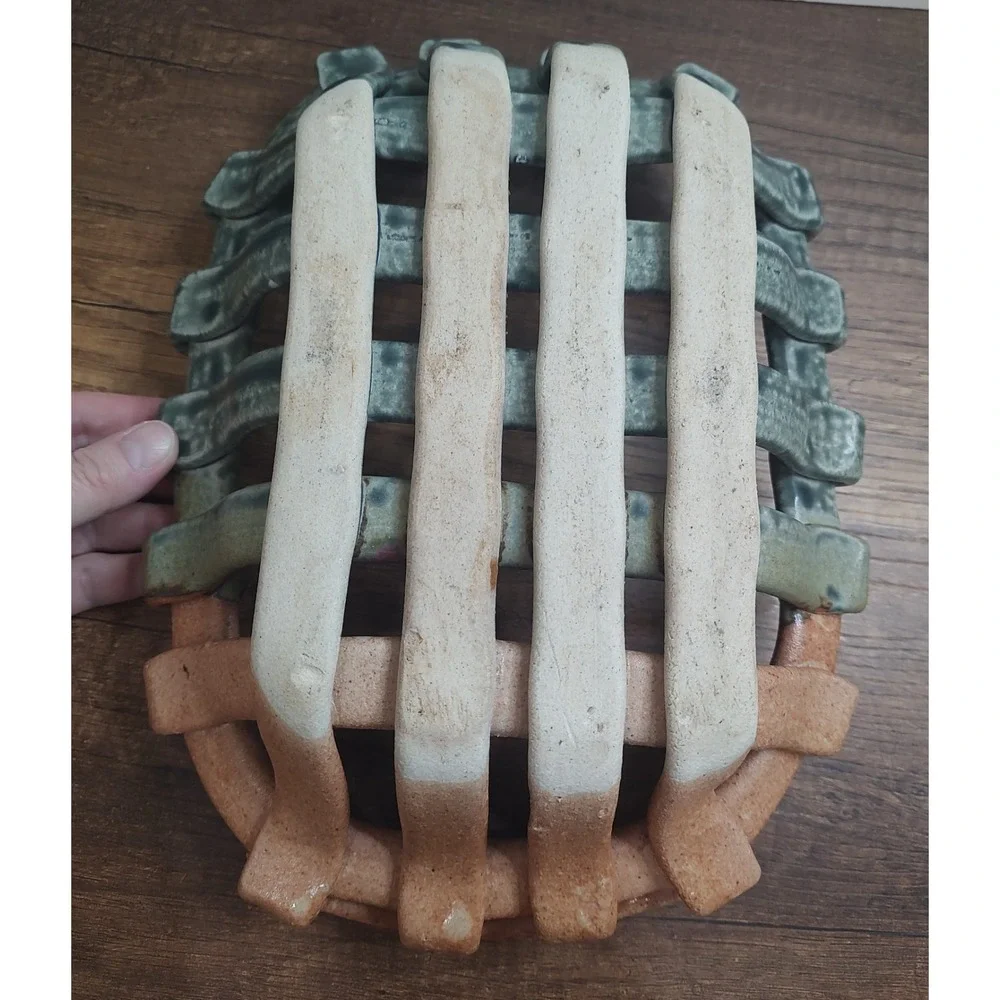 Ceramic Pottery Open Weave Lattice Basket 12x9